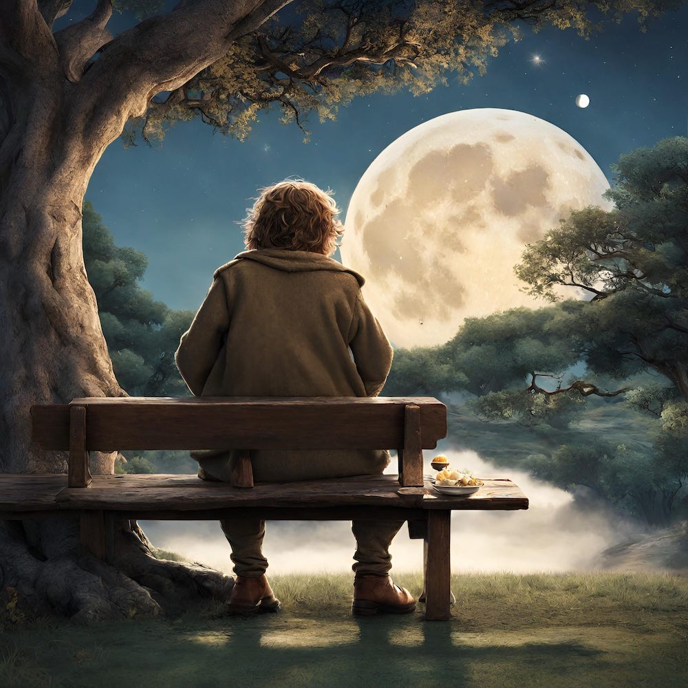 Hobbit from behind eating dessert sitting on a bench by a tree looking at the moon